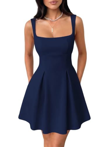 IWD Women's Square Neck Sleeveless Mini Dress Adjustable Strap Sexy Backless Bow Tie A Line Short Party Dresses Navy Blue Medium