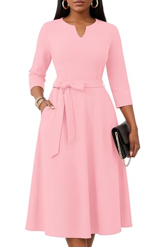KARALIN Midi Dress for Women A-Line 3/4 Sleeve V Neck with Pockets Pink