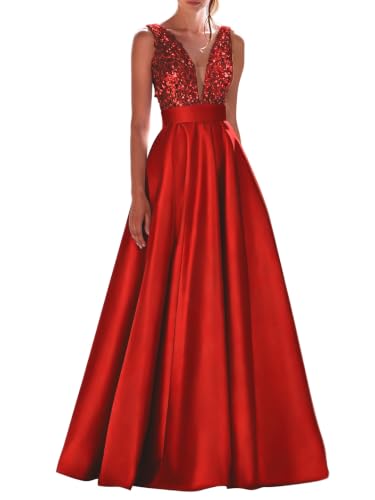 Liopus Red Satin Prom Dress Long V Neck Sequin Formal Gown US16W | Deep V Neck, Sequins Bodice, Waist Belt, Pockets,A Line, Floor Length, For Prom, Wedding, Banquet & Formal Evening Occasions