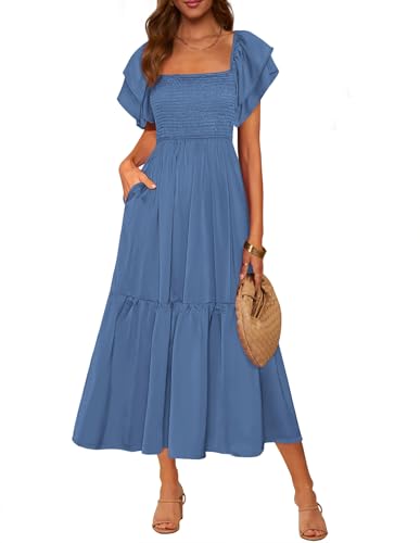 MASCOMODA Womens Summer Casual Smocked Flowy Midi Dress(Blue,S) | Square Neck, Ruffle Short Sleeve A Line Dress, High Waist Flowy Dresses with Pockets, Tiered Long Sundress, Wedding Guest