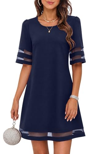 IHOT Women's Dresses for Wedding Party A Line Flowy Semi Formal Dresses for Women Elegant Mesh Sleeve Church Dress Short Garden Graduation Guest Cruise Dinner Office Work Dress Navy Small