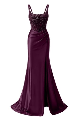 Spaghetti Straps Mermaid Satin Prom Dresses 2026 with Slit Lace Applique Sequined Beaded Evening Gown for Women Sleeveless Sexy Formal Party Dress Plum 10