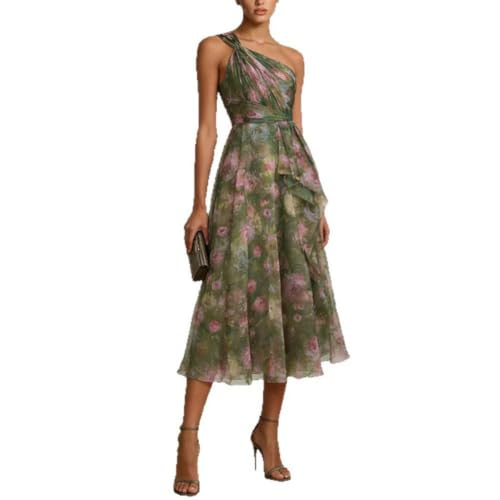 Women One Shoulder Floral Midi Dress, Flowy Chiffon Belted Summer Dress