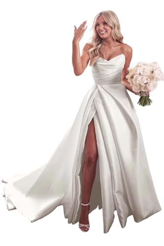 Strapless Ivory Satin Wedding Dresses for Bride 2026 Aline Side Slit Beach Bridal Gowns Sweetheart V Neck Open Back Pleated Wedding Ball Gowns with Corset Ivory 16