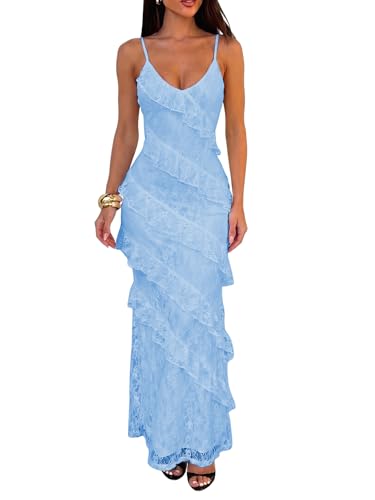Women's Sexy V Neck Floral Wedding Guest Cocktail Maxi Dress, M, Blue