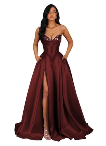 Plus Size Strapless A Line Satin Pockets Sparkly Prom Dresses