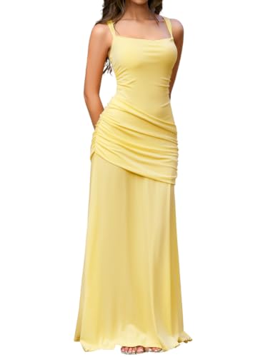 ChiaoLezhee Wedding Guest Dress Drop Waist Formal Pastel,Butter Yellow,S