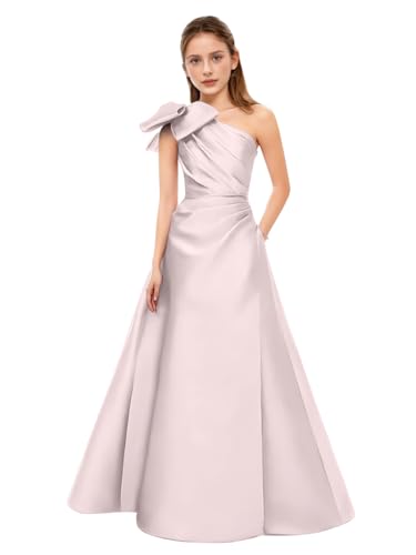 MiwiNovia Satin Prom Dress for Girls Blush Pink One Shoulder Junior Bridesmaid Dresses Pleated Flower Girl Dress with Bow US2