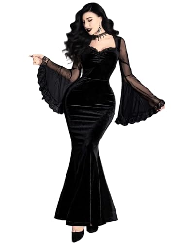 GothDark Womens Gothic Velvet Mermaid Lace Trim Vintage Party Wedding Dress