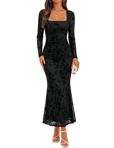 ZESICA Womens Fall Long Sleeve Bodycon Mesh Wedding Guest Dress Black S