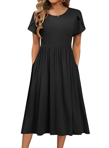 HOTOUCH Womens Black Tshirt Dress Short Sleeve Midi Length Crewneck Basic Solid Tunic Shift Dress Casual Summer Cute Petite A-Line Pleated Dresses for Church