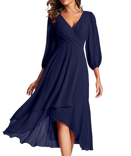 ECDAHICC Women's Casual Chiffon Dress V-Neck High Waisted A-Line Midi Dress 3/4 Sleeve Swing Summer Dress(ZQ,XS) Navy Blue