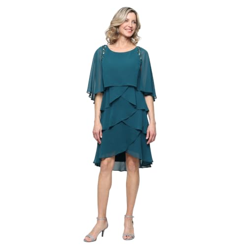 S.L. Fashions Women's Tiered Chiffon Cocktail Party Dress with Attached Cape & Beaded Shoulders (Petite and Regular Sizes)