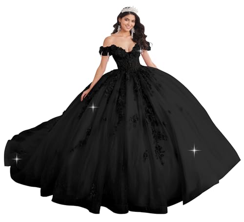 Flihodaputa Sweetheart Quinceanera Ball Gowns Glitter Lace Applique Beaded Princess Pageant Dresses for Sweet 15 16 Black