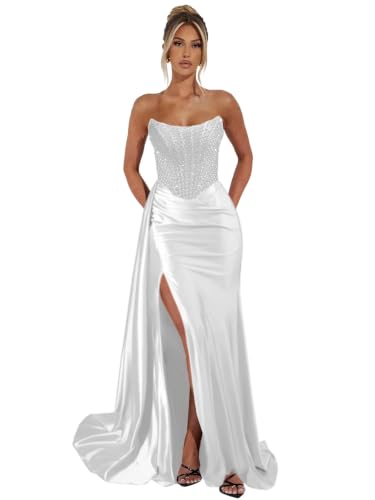 Blentorvista Strapless Rhinestone Beaded Satin Mermaid Prom Dress White