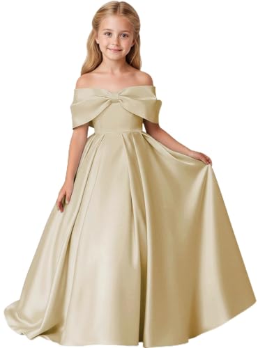 Lanbaodress Off Shoulder Flower Girl Dress 2026 Long Satin Pageant Junior Bridesmaid Dresses for Wedding with Bow Champagne Size 14T