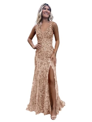 KIRGNT Women's Long Sparkly Mermaid Prom Dresses with Slit Rose Gold Sleeveless Sequin Floor Length Formal Evening Party Gowns US12