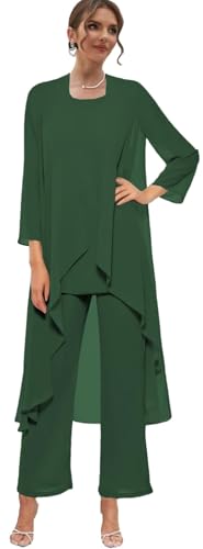 Women's 3 pc Hunter Green Mother of The Bride Pants Suits Chiffon Evening Party Dress with Jacket Outfit for Wedding Size 12