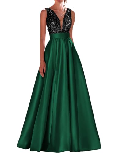 QFWLSR Long Prom Dresses for Women V Neck Sparkly Sequin A-line Satin Formal Evening Party Gown Black Emerald Green US8