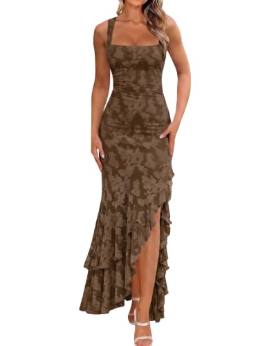 Women's Elegant Ruched Floral Maxi Wedding Guest Dress,L,Coffee