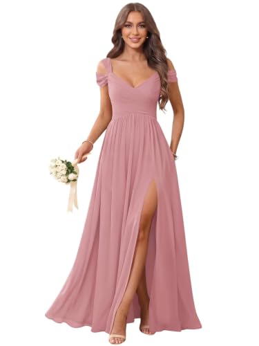 Egorfic Dusty Rose Cold Shoulder Bridesmaid Dresses Chiffon Pleated Long Slit Formal Evening Gown Backless Wedding Guest Dress for Women Plus Size 16