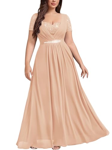 MISSMAY Women's Plus Sequins Lace Chiffon Prom Formal Maxi Dress Champagne