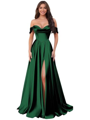 Kckrdj Emerald Green Bridesmaid Dress Satin Off Shoulder Corset Sweetheart Long Elegant Cocktail Formal Wedding Guest Dresses Fall Size 14