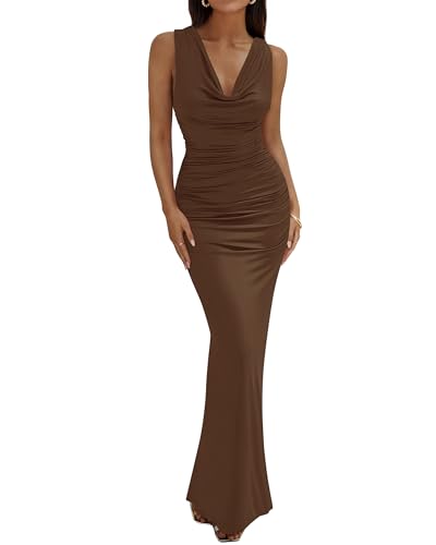 BTFBM Cocktail Dresses for Women Spring 2026 Cowl Neck Sleeveless Ruched Slim Fit Maxi Summer Formal Wedding Guest Dress(Brown, Medium)