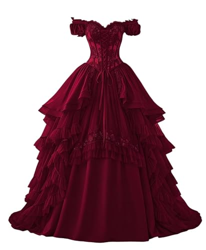 Haokeformal Vintage Victorian 1800 Wedding Dress with Cap Sleeves Tiered Puffy Ball Gown Prom Quinceanera Dress with Ruffles Deep Burgundy 8