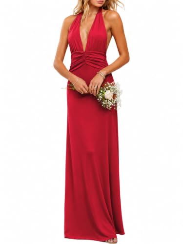 Semi Formal Dresses for Women Red Summer Sleeveless Halter Deep V Neck Backless Mesh Y2k Maxi Sexy Low Cut Bodycon Tie Back Elegant Cocktail Beach Wedding Guest Dresses S
