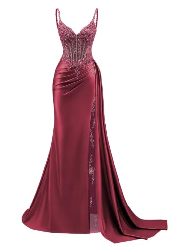 Satin Beaded Wine Red Prom Dress Mermaid Formal Gown with Lace Slit US0
