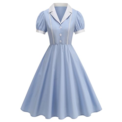 Women's 1950s Vintage Cocktail Swing Dresses Elegant Tea Length Casual Peter Pan Collar A-Line Dress for Work Party Blue S