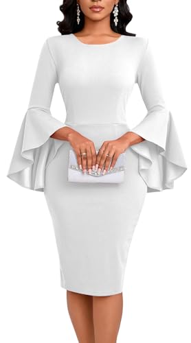 White Church Dress for Women Elegant Vintage Ruffle Sleeve Business Work Cocktail Party Bodycon Midi Pencil Dresses 550 White_Medium