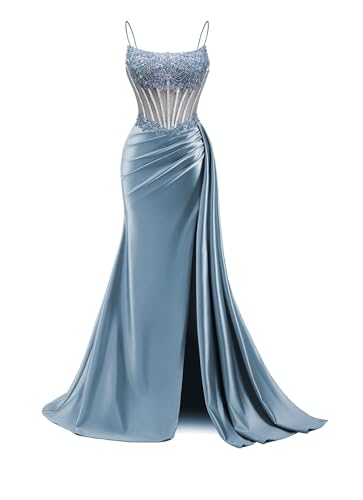 Mermaid Satin Prom Dresses 2026 Beaded Formal Evening Gowns Dusty Blue,8