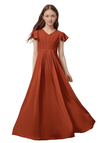 Junior Bridesmaid Dress 2026 Chiffon Bodice Flower Girl Dresses for Wedding Party Girls Pleated A Line V Neck Holiday Party Dress for Teens Flutter Sleeves Formal Pageant Dresses Rust Red Size 16