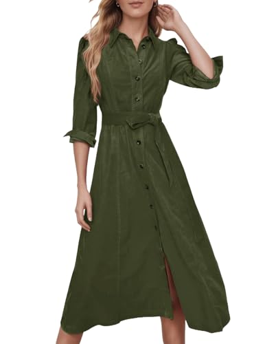 Women's Corduroy Maxi Dress Button Down Shirt Dress with Belt