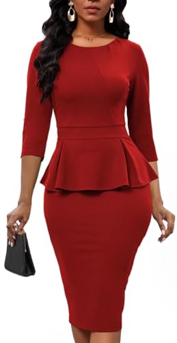 PerZeal 3/4 Sleeve Ruffle Peplum Pencil Midi Dress Red XXX-Large