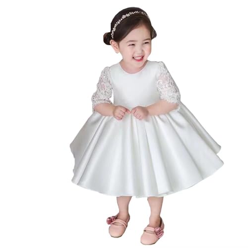 Satin Lace Baby Girls Birthday Party Dresses with Sleeves Cupcake Flower Girl Dress for Wedding Ivory 10