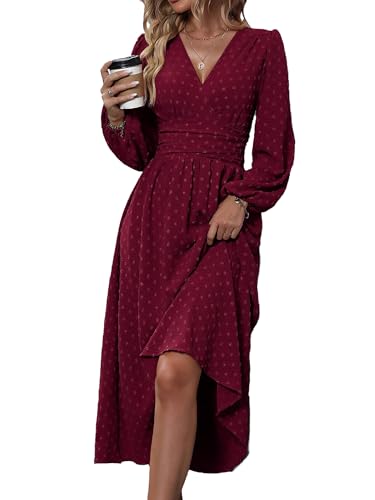 JurHevty Womens Long Sleeve Dresses Maxi Wedding Guest Dresses Wine Red
