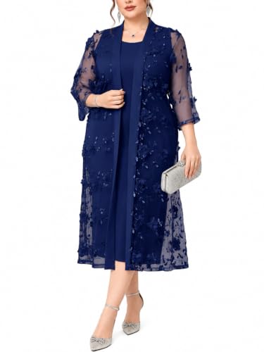 GLELUXY Plus Size Mother of the Bride Dress Set 2 Piece Formal Wedding Guest Outfit with 3D Floral Mesh Jacket, Navy, 4X