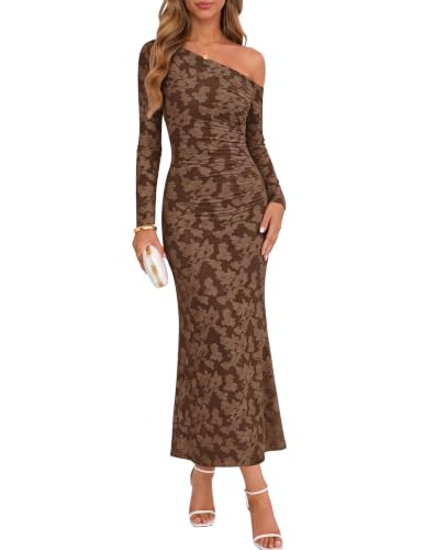 ZESICA Women's Fall Floral Off Shoulder Wedding Guest Dresses Brown XL