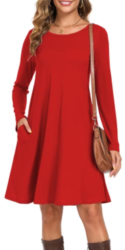 YVH Womens Fall Winter Long Sleeve Dresses with Pockets, Red, L | Crewneck A-line Loose Swing Casual T Shirt Dress, Solid, Knee-length, Versatile for Lounge Work Daily and Holiday