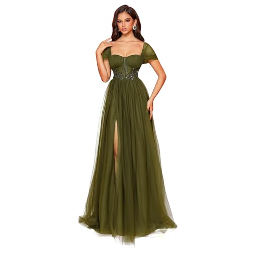 BluePlum Sleeveless Maxi Formal Dress for Women with Backless Mesh Cap Sleeve Lace-up Sequin Embroidery Pleated A-Line Slit Wedding Guest Strapless Evening Gown for Cocktail & Prom, Olive Green, XXL