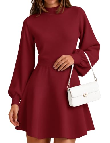 ZESICA Womens Fall Mock Neck Long Lantern Sleeve Sweater Mini Dress Wine S