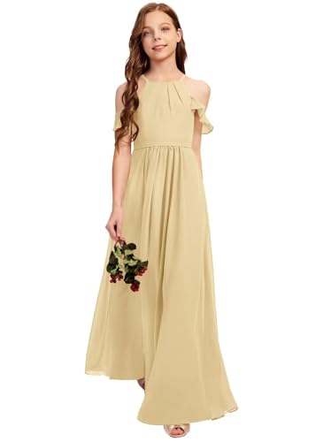 Tianzhihe Long Bridesmaid Dresses for Women Chiffon Ruched Off Shoulder A Line Halter Elegant Champagne Wedding Flower Girls Dress US15
