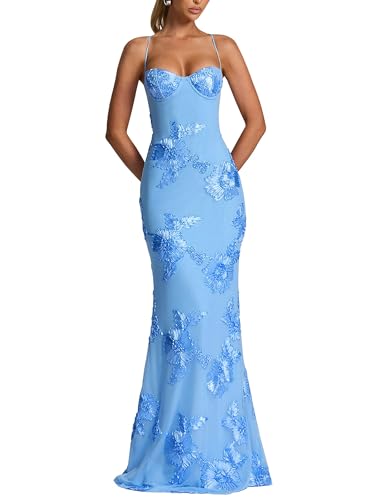 Figdaw Spaghetti Strap Mermaid Evening Dress for Women,Blue,S,7672