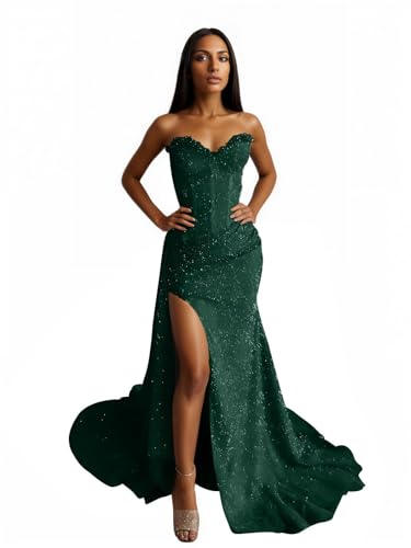 zsweof Sequin Prom Dress Mermaid Formal Dresses with Slit Strapless Evening Gown for Women Emerald Green Size 0