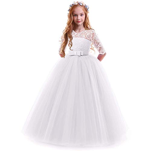 IBTOM CASTLE Flower Girl Wedding Lace 3/4 Sleeve Princess Dress White 5-6T | First Communion Dress for Girls,Junior Bridesmaid Tulle Dress Little Girl Pageant Evening Party Dance Prom Ball Gown