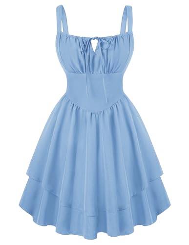 SCARLET DARKNESS Corset Mini Dress for Women Teens Grad Homecoming Sundress | Adjustable Straps, Tie Square Neck, Smocked Back, Zip & Pocket, Layered A-Line Hem. For Daily, Date, Graduation & Homecoming