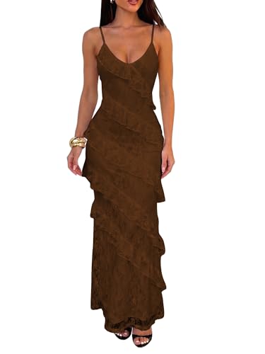 Women's Sexy V Neck Floral Wedding Guest Cocktail Maxi Dress, L, Coffee